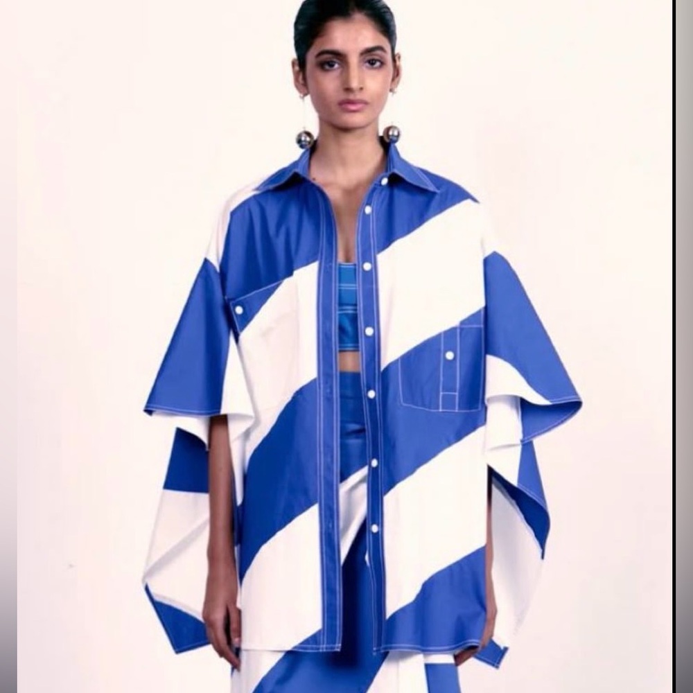 LOVEBIRDS Blue & White Striped Oversized Button-Up Shirt